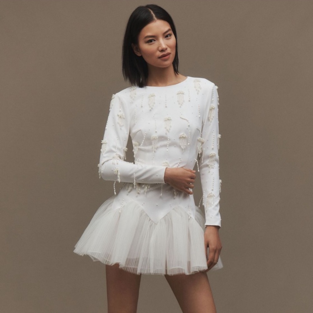 BHLDN Pearl-Embellished Long-Sleeve Drop-
Waist Mini Dress